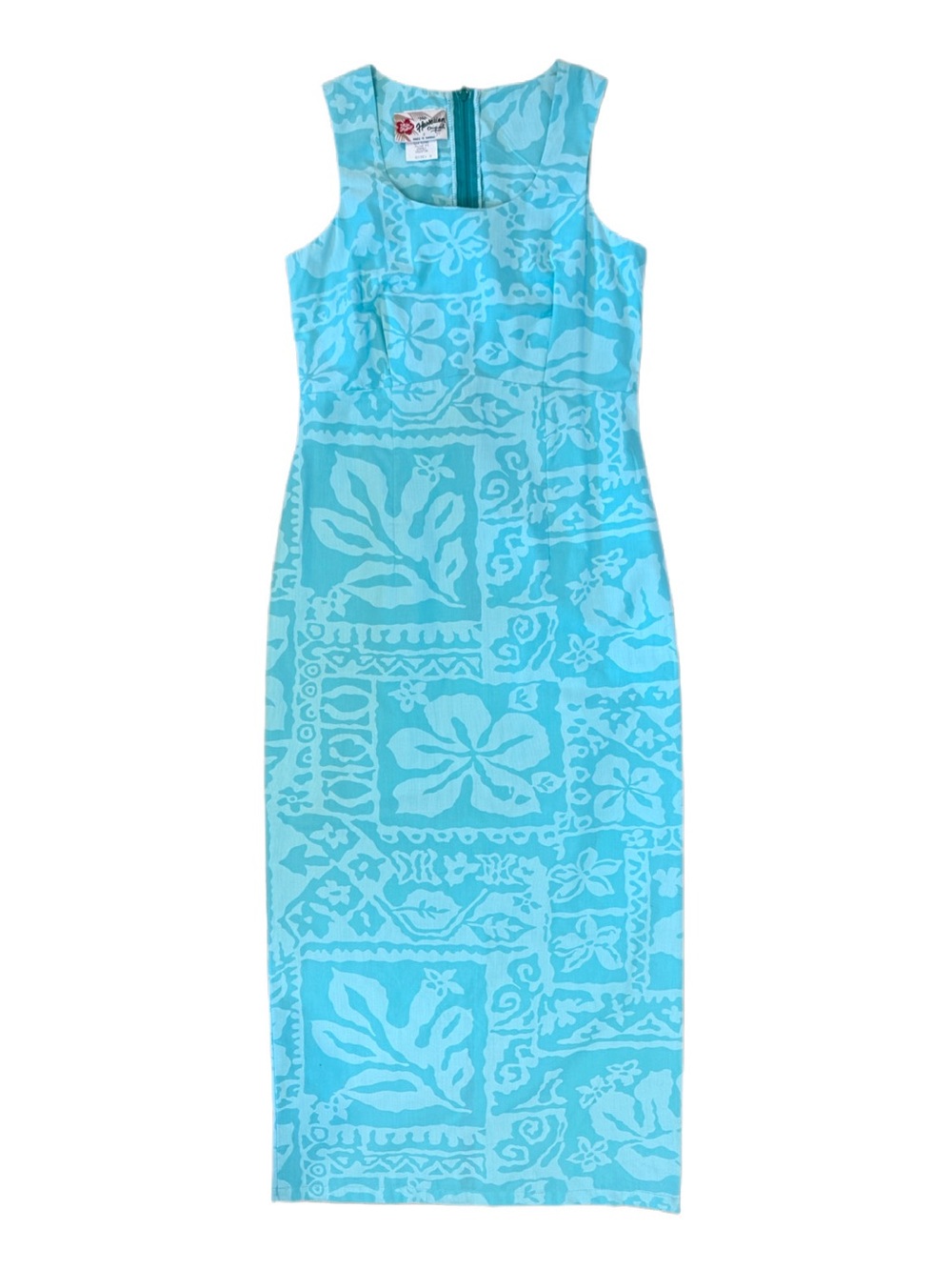 Vintage 90s Hilo Hattie Made in Hawaii Aqua Tapa Print Maxi Sheath Dress XS